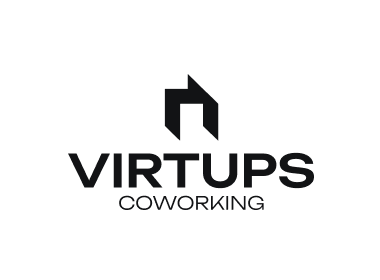 Logo of Virtups Coworking, featuring a stylized letter "V" and the brand name, representing a modern coworking space.