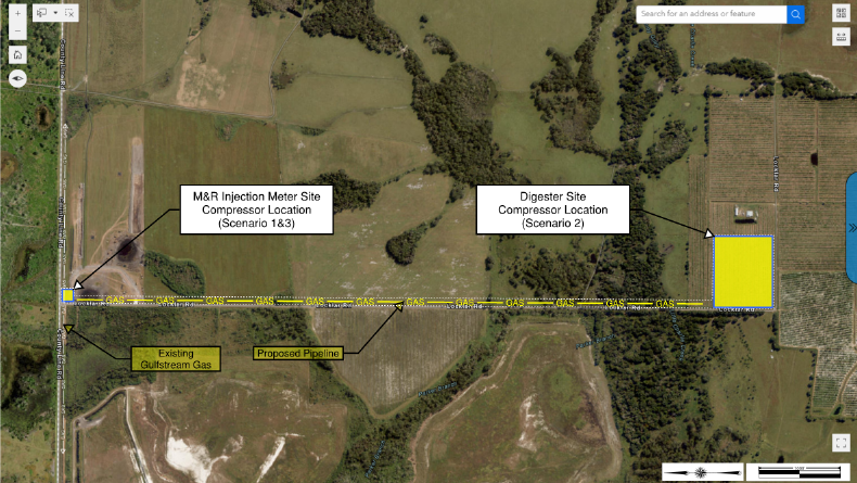 Map showing proposed pipeline routing for Renewable Natural Gas project, featuring M&R injection meter site, compressor locations, existing Gulfstream gas line, and digester site layout.